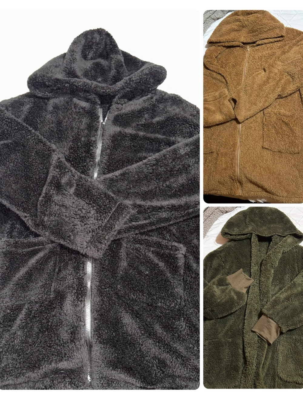 Cozy Plush Hooded oversized Jacket - Black, Tan, Olive